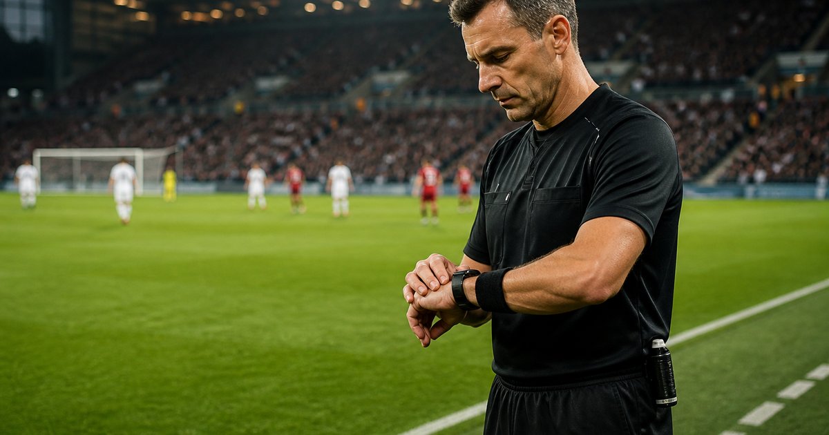 Um árbitro de futebol consulta o relógio na lateral sob as luzes do estádio, sugerindo acréscimos e duração do jogo.