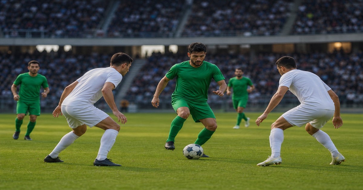 A midfielder keeps the ball under pressure on a sunlit pitch, suggesting sterile possession without a clear chance.